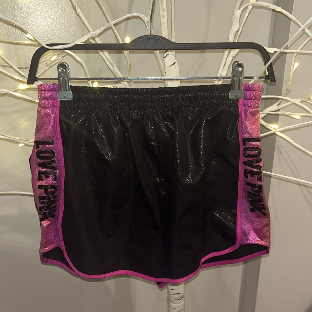 Pink athletic jogging shorts pink black sparkle silky fabric Love Pink logo